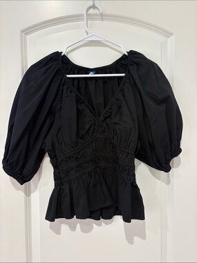 Old Navy Black Puff-Sleeve Smocked Peplum Blouse